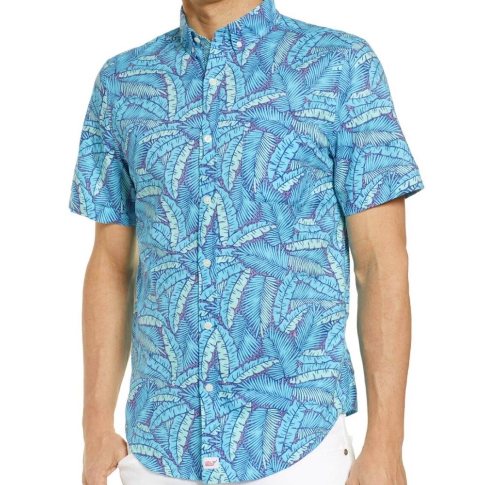 Vineyard Vines Shirt Mens Large Blue Tropical Slim Fit Murray Button Up Hawaiian